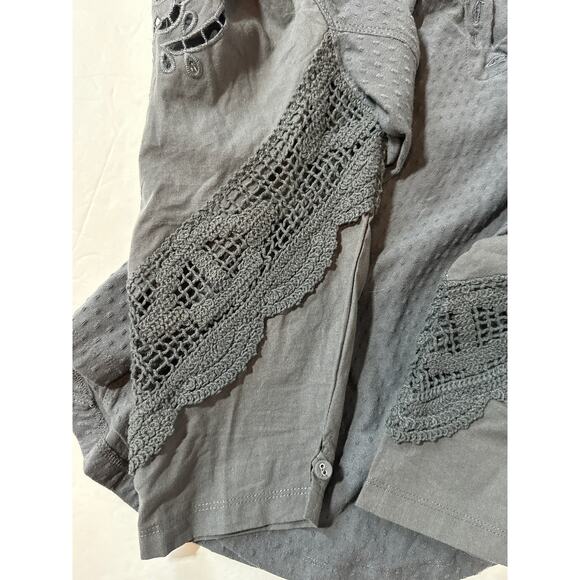 Free People Brunch Date Top Henley Metal Stiletto L Gray Boho Lace Cottagecore - Picture 12 of 14